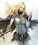  armor bad_id bad_pixiv_id blonde_hair blue_eyes breasts cape claymore claymore_(sword) highres large_breasts long_hair pengnangehao solo sword teresa_(claymore) torn_clothes weapon 