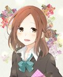  :d bow brown_eyes brown_hair fujimiya_kaori hair_bun isshuukan_friends open_mouth school_uniform short_hair smile solo tears yukichi_(eikichi) 