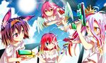  animal_ears blue_eyes blush crown feathers gun gyahu hatsuse_izuna headband jibril long_hair no_game_no_life pink_hair purple_eyes purple_hair red_hair shiro_(no_game_no_life) short_hair stephanie_dola water weapon wings wink yellow_eyes 