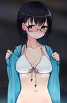  bad_id bad_twitter_id bikini black_hair blue_eyes blush breasts cleavage collarbone ear_blush embarrassed front-tie_top full-face_blush glasses hood hood_down hoodie jacket long_hair medium_breasts mole mole_on_body navel nekoume open_clothes open_jacket original solo sweat swimsuit white_bikini 