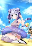  &gt;_&lt; :3 animal_ears ball bastet_(p&amp;d) beachball black_hair blue_eyes blush boots braid breasts cat_ears chestnut_mouth closed_eyes dark_skin double_bun egyptian hair_ornament haku_(p&amp;d) highres innertube jewelry large_breasts long_hair looking_at_viewer midriff multicolored_hair multiple_girls open_mouth paw_pose purple_hair puzzle_&amp;_dragons short_hair silver_hair sitting smile swimsuit tail thigh_boots thigh_strap thighhighs tiger_tail usagihime wariza 