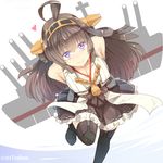  ahoge bare_shoulders blush boots brown_hair double_bun hair_ornament hairband headgear heart japanese_clothes kantai_collection kongou_(kantai_collection) long_hair nontraditional_miko purple_eyes smile solo standing standing_on_one_leg sts thigh_boots thighhighs turret twitter_username 