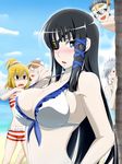  3girls :o bare_shoulders beach blue_sky blush breast_envy breasts close-up collarbone day emilia_percival eyepatch hair_ornament hair_ribbon hairpin highres horizon huge_breasts looking_at_viewer lumia_waber multiple_boys multiple_girls mun nagisa_(psp2i) ocean open_mouth outdoors peeking phantasy_star phantasy_star_portable_2_infinity ribbon sand shaded_face sideboob sky swimsuit upper_body water 