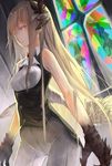  bad_id bad_pixiv_id breasts claws dragon_girl ghostas highres horns medium_breasts original pants solo stained_glass wings 