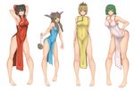  alternate_costume armpits arms_behind_head bare_arms barefoot bent_over black_hair blonde_hair blue_dress bow breasts brown_eyes brown_hair china_dress chinese_clothes cleavage cookin dress feet gourd green_hair hair_bow hair_ornament hair_tubes hakurei_reimu highres horns ibuki_suika impossible_clothes kazami_yuuka large_breasts looking_at_viewer multicolored_hair multiple_girls no_bra no_panties open_mouth pigeon-toed red_dress red_eyes side_slit simple_background sleeveless sleeveless_dress smile streaked_hair toramaru_shou touhou two-tone_hair white_background white_dress yellow_dress yellow_eyes 