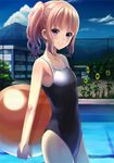 ball brown_hair chain-link_fence competition_school_swimsuit fence flower gradient_hair looking_at_viewer multicolored_hair one-piece_swimsuit original pool purple_eyes purple_hair school short_hair smile solo standing sunflower swimsuit tsumiwara twintails 