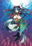  blue_hair blue_skin blush breasts covering covering_crotch finger_to_mouth fins fish_girl fish_tail full_body highres horns kenkou_cross large_breasts long_hair looking_at_viewer monster_girl monster_girl_encyclopedia nereid nereis nipples non-web_source official_art pointy_ears red_eyes scales smile solo tail tattoo 