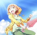  :d brown_hair clenched_hand closed_umbrella day holding hoshizora_rin light_trail looking_up love_live! love_live!_school_idol_project open_mouth raincoat riai_(onsen) short_hair sky smile solo umbrella yellow_eyes 