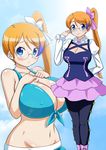  alternate_breast_size aquarion_(series) aquarion_evol arm_behind_back bikini black_legwear blue_eyes blue_hair blush breasts cleavage frown glasses groin hand_up huge_breasts long_hair looking_at_viewer masara_(masalucky2010) midriff mix_(aquarion) multicolored_hair multiple_views navel orange_hair pantyhose ponytail purple_footwear purple_skirt skirt smile standing swimsuit two-tone_hair 