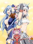  :d ^_^ ^o^ armor armpits arms_up asuru_(armor) bandeau belt blush breasts brooch cleavage closed_eyes dress gem hermitaur_(armor) highres horn jewelry kirin_(armor) large_breasts looking_at_viewer midriff monster_hunter multiple_girls mun no_bra open_mouth red_dress round_teeth shoulder_pads simple_background skirt smile suspender_skirt suspenders suspenders_pull teeth underboob yellow_background 