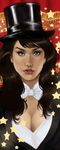  1girl black_hair black_hat bow bowtie breasts cleavage dc_comics female hat looking_at_viewer magician solo star top_hat zatanna_zatara 