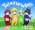  :&gt; :3 annoyed black_hair blake_belladonna blonde_hair blue_eyes cosplay dipsy flag flower holding_hands iesupa laa-laa multiple_girls parody po_(teletubby) purple_eyes red_hair ruby_rose rwby silver_eyes smile teletubbies tinky_winky title_parody weiss_schnee white_hair yang_xiao_long yellow_eyes 