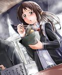  aburaage bag bibi blowing bowl brown_eyes brown_hair carrying chopsticks dutch_angle eating food hair_ornament hairclip highres holding long_hair noodles open_mouth original school_bag school_uniform soba solo 