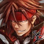  brown_hair clenched_teeth close-up face forehead_protector grey_background guilty_gear hair_between_eyes headband looking_at_viewer male_focus nose order-sol simple_background sketch sowel_(sk3) spiked_hair teeth upper_body 