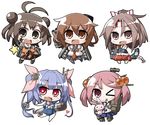  &gt;_o :&lt; :3 :d :p ahoge akaneya bad_id bad_pixiv_id blue_eyes breasts brown_eyes brown_gloves brown_hair bunny carrying_under_arm chibi clenched_hands double_bun fang fingerless_gloves gloves hair_bobbles hair_bun hair_ornament hairclip headband heart i-19_(kantai_collection) ikazuchi_(kantai_collection) kantai_collection long_hair machinery medium_breasts multiple_girls naka_(kantai_collection) one_eye_closed open_mouth pantyhose ponytail sazanami_(kantai_collection) school_swimsuit school_uniform serafuku short_hair simple_background smile star star-shaped_pupils swimsuit symbol-shaped_pupils tongue tongue_out torpedo twintails v white_background zuihou_(kantai_collection) 