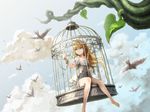  animal barefoot bird blonde_hair blue_eyes cage chain clouds dress leaves long_hair original pointed_ears shackles sky ume_(illegal_bible) 