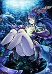  bare_legs black_hair blue_eyes bubble chinese_clothes collarbone dragon_tail grin highres horns karin_(p&amp;d) long_hair puzzle_&amp;_dragons shouma_(bravespiritya) smile solo tail underwater water wrist_guards 