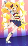  :d absurdres alternate_form arm_up blonde_hair blue_skirt boots cure_honey earrings full_body happinesscharge_precure! highres jewelry knee_boots long_hair multicolored multicolored_clothes multicolored_skirt oomori_yuuko open_mouth popcorn_cheer precure skirt smile solo standing standing_on_one_leg star twintails wand wrist_cuffs yellow_eyes yupiteru 
