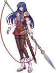 armor blue_eyes blue_hair boots fire_emblem fire_emblem:_monshou_no_nazo fire_emblem:_shin_monshou_no_nazo full_body lance long_hair looking_at_viewer polearm sheeda simple_background solo sword thighhighs weapon 