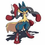  bad_pixiv_id denim2 fang full_body fur gen_4_pokemon looking_at_viewer lucario mega_lucario mega_pokemon no_humans pokemon pokemon_(creature) red_eyes shadow simple_background solo standing white_background 