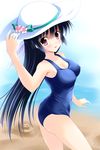  amamiya_yuuko bashen_chenyue beach black_hair day ef hat highres long_hair one-piece_swimsuit red_eyes school_swimsuit sun_hat swimsuit 