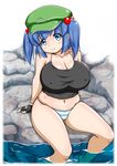  1girl bare_shoulders black_gloves blue_eyes blue_hair breasts erect_nipples female fingerless_gloves gloves hair_bobbles hair_ornament hat huge_breasts kawashiro_nitori navel no_pants panties samara short_hair short_twintails sitting solo striped striped_panties touhou twintails underwear water 