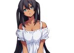  :o black_hair blue_eyes breasts captain_earth cleavage dark_skin dress long_hair medium_breasts minato_fumi mutou_hana official_art solo 