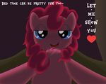  absurd_res bedroom bedroom_eyes blue_eyes blush equine female friendship_is_magic fur hair hi_res hooves horse looking_at_viewer mammal my_little_pony on_bed open_mouth pink_fur pink_hair pinkie_pie_(mlp) smile solo text xaigatomon 