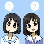  2girls ? azumanga_daiou bad_id bad_pixiv_id black_hair crossover head_tilt kasuga_ayumu look-alike mister_oyaki multiple_girls nichijou open_mouth school_uniform shinonome_nano short_hair smile spoken_exclamation_mark spoken_question_mark tokisadame_school_uniform trait_connection 