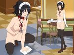  amagami apron black_eyes black_hair blush breasts collar cottage elbow_gloves gloves looking_at_viewer maid_headdress medium_breasts navel nipple_piercing nipple_rings nipples nude piercing ponytail pussy pussy_juice smile solo squatting tanamachi_kaoru thighhighs tray uncensored waitress 