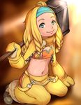  1girl blonde_hair blue_eyes capcom child crafting_shop_daughter_(monster_hunter) e10 flat_chest freckles hammer monster_hunter monster_hunter_4 smile solo 