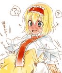  ? @_@ alice_margatroid blonde_hair blush capelet full-face_blush hairband head_under_clothes kirisame_marisa long_hair multiple_girls no_hat no_headwear short_hair six_(fnrptal1010) solo_focus spoken_question_mark touhou translated yuri ze_(phrase) 