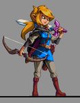  arrow belt blonde_hair boots bow_(weapon) commentary full_body genderswap genderswap_(mtf) joakim_sandberg knee_boots link long_hair neckerchief no_hat no_headwear ponytail quiver shield solo sword the_legend_of_zelda the_legend_of_zelda:_breath_of_the_wild tunic weapon what_if 