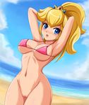  armpits arms_up beach bikini_top blonde_hair blue_eyes blush bottomless breasts cloud crown erect_nipples exhibitionism female halterneck large_breasts long_hair midriff navel nintendo no_panties open_mouth ponytail princess_peach pussy sigurd_hosenfeld sigurdhosenfeld sky solo string_bikini super_mario_bros. uncensored water wide_hips 