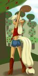  anthro applejack_(mlp) back_turned blonde_hair blush boots breasts clothing equine female freckles friendship_is_magic fur green_eyes hair hat hooves horse kloudmutt long_hair looking_at_viewer looking_back mammal my_little_pony nipples orange_fur pony presenting raised_tail smile solo tree 