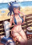  1girl absurdres azur_lane beach beach_umbrella bench bikini blue_choker blue_hair blush bow breasts choker cleavage coconut covered_nipples darcy_(pixiv11949485) day drinking_straw dripping eyebrows_visible_through_hair food food_on_body fruit hair_bow highres innertube large_breasts long_hair looking_at_viewer navel ocean outdoors ponytail popsicle purple_eyes seashell shell side-tie_bikini sideboob sitting solo st._louis_(azur_lane) star swimsuit towel two-tone_bikini umbrella watermelon wet 