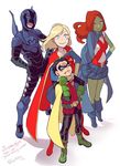  2boys 2girls alien armor blonde_hair blue_beetle blue_cape blue_eyes blue_shoes blue_skirt boots cape damian_wayne dc_comics domino_mask gauntlets gloves green_shoes green_skin hand_on_hip hands_on_hips jamie_reyes kryptonian mask miss_martian multiple_boys multiple_girls power_armor red_cape red_shoes ricken robin_(dc) shoes skirt standing supergirl 