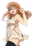  black_legwear bracelet dress girls_und_panzer glasses highres jewelry long_hair looking_at_viewer one_eye_closed open_mouth orange_eyes orange_hair sakaki_imasato semi-rimless_eyewear short_dress sleeveless sleeveless_dress smile solo standing takebe_saori thighhighs under-rim_eyewear white_background white_dress zettai_ryouiki 