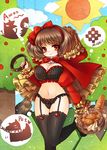  :&gt; basket black_legwear bread breasts brown_hair collar food garter_straps grimm's_fairy_tales hood kokutou_mimi large_breasts little_red_riding_hood little_red_riding_hood_(grimm) navel red_eyes revealing_clothes smile solo thighhighs thought_bubble underwear wide_hips 