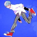  blue_hair ghiaccio glasses gum_(gmng) highres jojo_no_kimyou_na_bouken male_focus md5_mismatch pants red-framed_eyewear shoes sneakers solo striped striped_pants vertical-striped_pants vertical_stripes 
