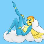  anthro bedroom_eyes breasts clothing cloud equine eyewear feathers female friendship_is_magic fur goggles hair hi_res hooves horse ivorylace looking_at_viewer mammal my_little_pony one_leg_up open_mouth orange_eyes orange_hair pegasus pony presenting sitting solo spitfire_(mlp) uniform wings wonderbolts_(mlp) yellow_fur 
