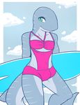  abstract_background anthro azrael_rhincodon bikini body_markings bulge clothed clothing crossdressing fish girly green_eyes happy looking_at_viewer male marine markings muscles pose shark smile solo spots standing stripes swimsuit whale_shark zyira 