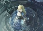  absurdres ahoge armor armored_dress artoria_pendragon_(all) azomo blonde_hair fate/stay_night fate_(series) faulds gauntlets green_eyes hair_down highres juliet_sleeves long_hair long_sleeves parted_lips partially_submerged puffy_sleeves saber solo water 