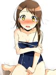  barefoot brown_hair cla_(torinabe) competition_school_swimsuit covered_navel flying_sweatdrops highres looking_at_viewer nisekoi one-piece_swimsuit onodera_kosaki open_mouth school_swimsuit short_hair sitting solo sweat swimsuit swimsuit_pull wariza yellow_eyes 