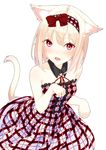  96tuki animal_ears bare_shoulders blonde_hair bow cat_ears cat_tail collarbone detached_collar dress fang frills hair_bow hairband looking_at_viewer open_mouth original paw_pose purple_eyes short_hair simple_background solo standing tail white_background 