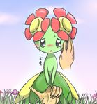  bellossom blush crying fingering flora_fauna hand human interspecies looking_at_viewer mammal nintendo outside pok&#233;mon pok&#233;philia pok&eacute;mon pok&eacute;philia pussy_juice skirt standing tears vaginal vaginal_fingering video_games 