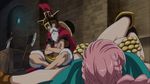  1girl abs animated animated_gif armor axe bikini_armor breasts cape crossed_arms error fake_beard fake_facial_hair gladiator gloves helmet large_breasts lucy_(one_piece) monkey_d_luffy one_piece pink_hair plume rebecca_(one_piece) scar screencap sword weapon 