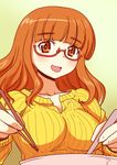  blush bowl chopsticks eating girls_und_panzer glasses holding long_hair long_sleeves looking_at_viewer open_mouth orange_eyes orange_hair ribbed_sweater sakaki_imasato semi-rimless_eyewear sitting smile solo sweater takebe_saori under-rim_eyewear 