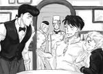  bad_id bad_pixiv_id black_hair chef earrings gakuran greyscale hat headband height_difference higashikata_jousuke hirose_kouichi jewelry jojo_no_kimyou_na_bouken kishibe_rohan monochrome multiple_boys necktie nijimura_okuyasu open_mouth pompadour school_uniform shaketaraba short_hair sitting smile smirk sweatdrop tonio_trussardi vest waiter 