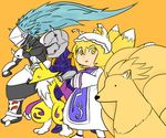  2girls animal_ears blazblue blonde_hair blue_hair crossover cyborg cyborg_ninja digimon dress fox_tail gen_1_pokemon gray_fox hair_between_eyes hakumen hands_in_opposite_sleeves hat helmet jikkokuken kyuubi long_hair long_sleeves mask metal_gear_(series) multiple_boys multiple_girls multiple_tails ninetales ninja pillow_hat pokemon pokemon_(creature) renamon short_hair tabard tail touhou trait_connection white_dress wide_sleeves yakumo_ran yellow_eyes 